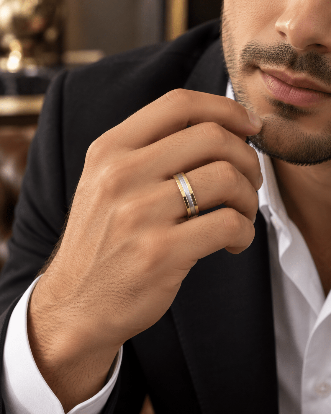 Two-Tone Brushed Center Men’s Band - Kakadia Jewels