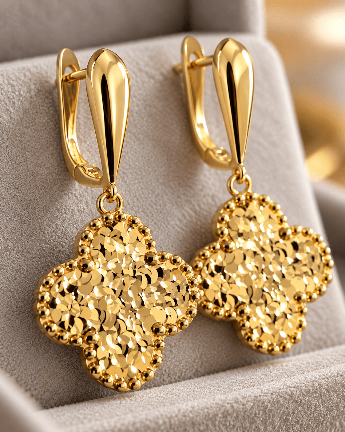 Diamond-Cut Clover Gold Dangle Earrings - Kakadia Jewels