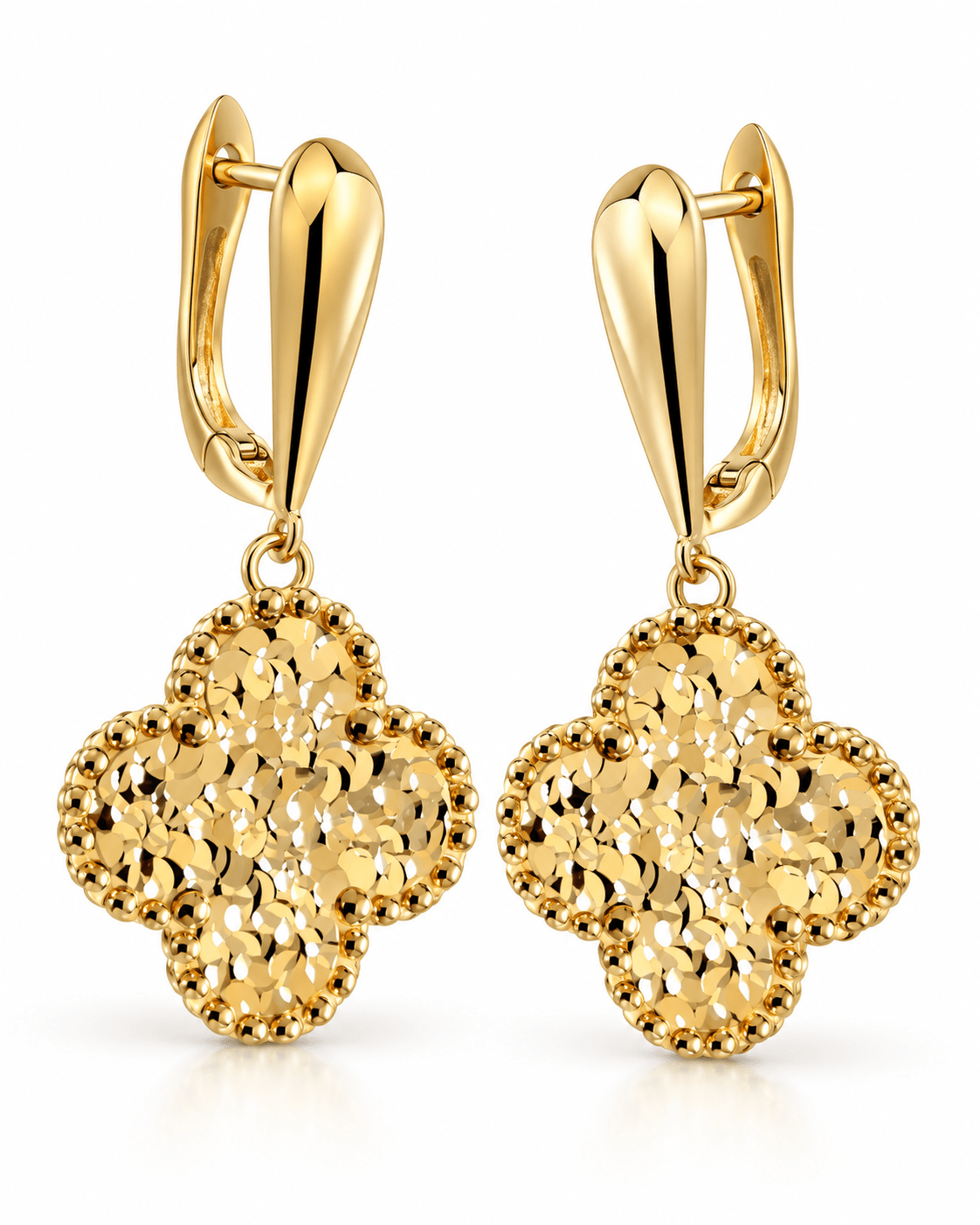 Diamond-Cut Clover Gold Dangle Earrings - Kakadia Jewels