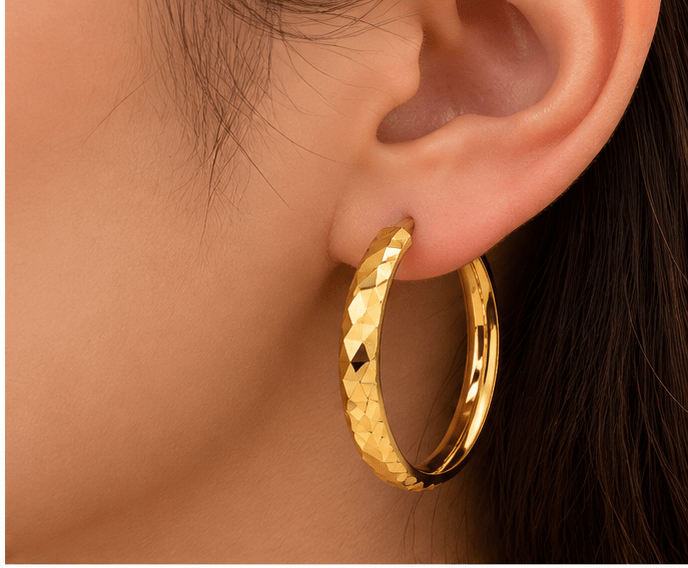 Diamond-Cut Flat Gold Hoop Earrings - Kakadia Jewels