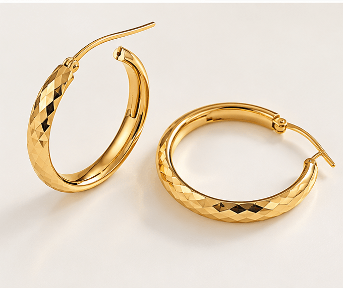 Diamond-Cut Flat Gold Hoop Earrings - Kakadia Jewels