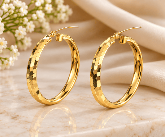 Diamond-Cut Flat Gold Hoop Earrings - Kakadia Jewels