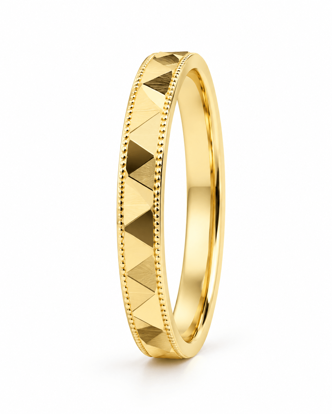 Faceted Pyramid-Cut Milgrain Yellow Gold Band - Kakadia Jewels