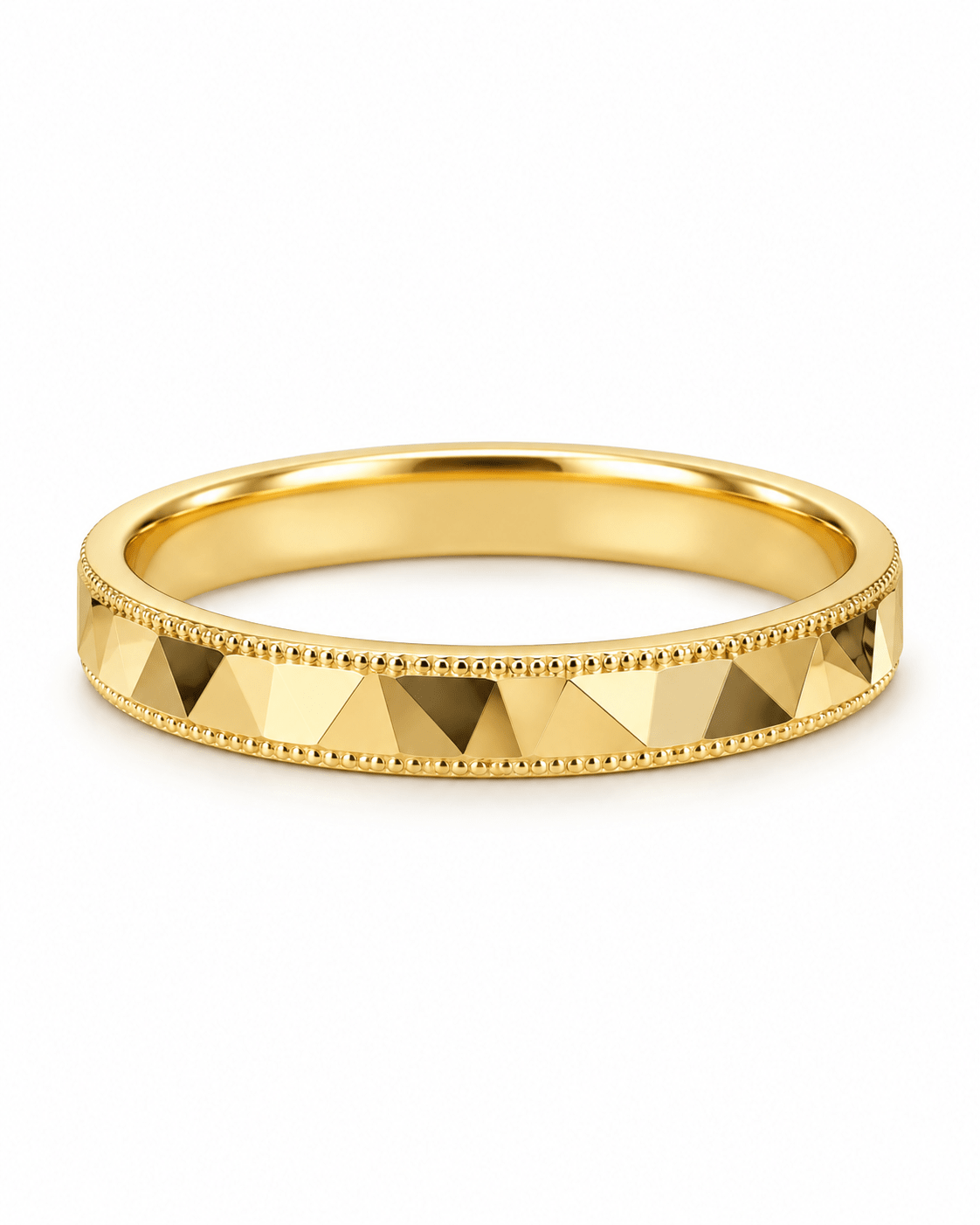 Faceted Pyramid-Cut Milgrain Yellow Gold Band - Kakadia Jewels