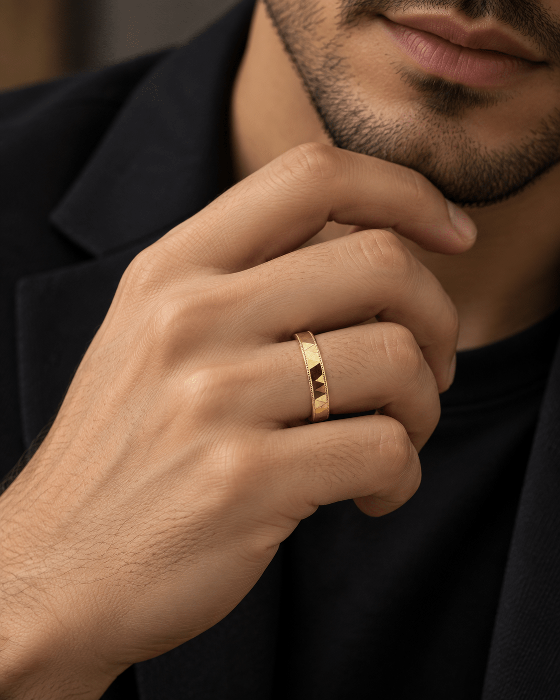 Faceted Pyramid-Cut Milgrain Yellow Gold Band - Kakadia Jewels