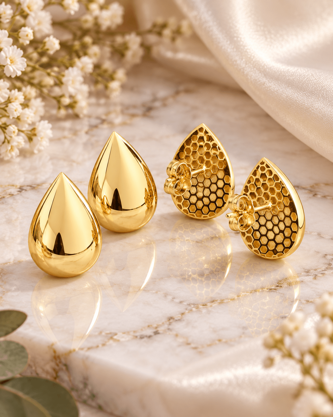 Golden Teardrop Statement Stud Earrings - Kakadia Jewels