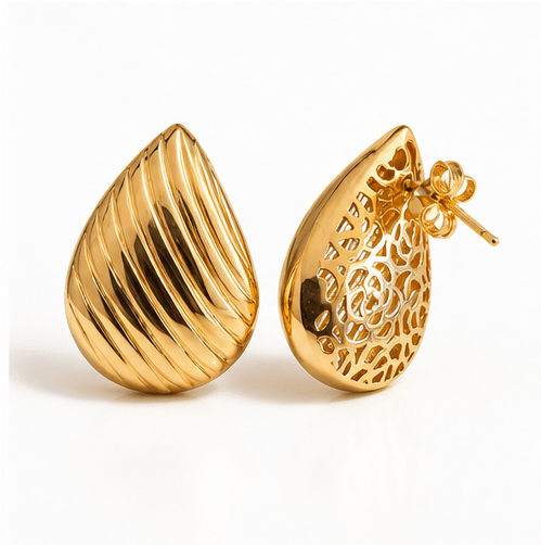 Ribbed Teardrop Gold Stud Earrings - Kakadia Jewels