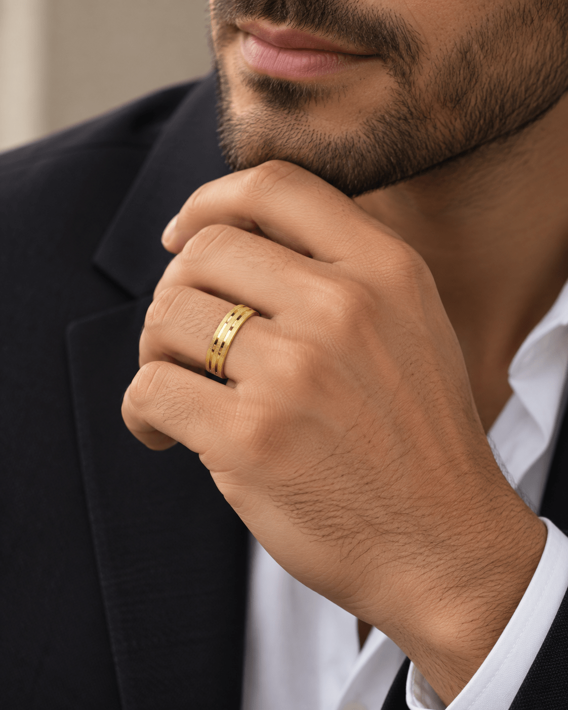 Triple-Section Textured Yellow Gold Band - Kakadia Jewels