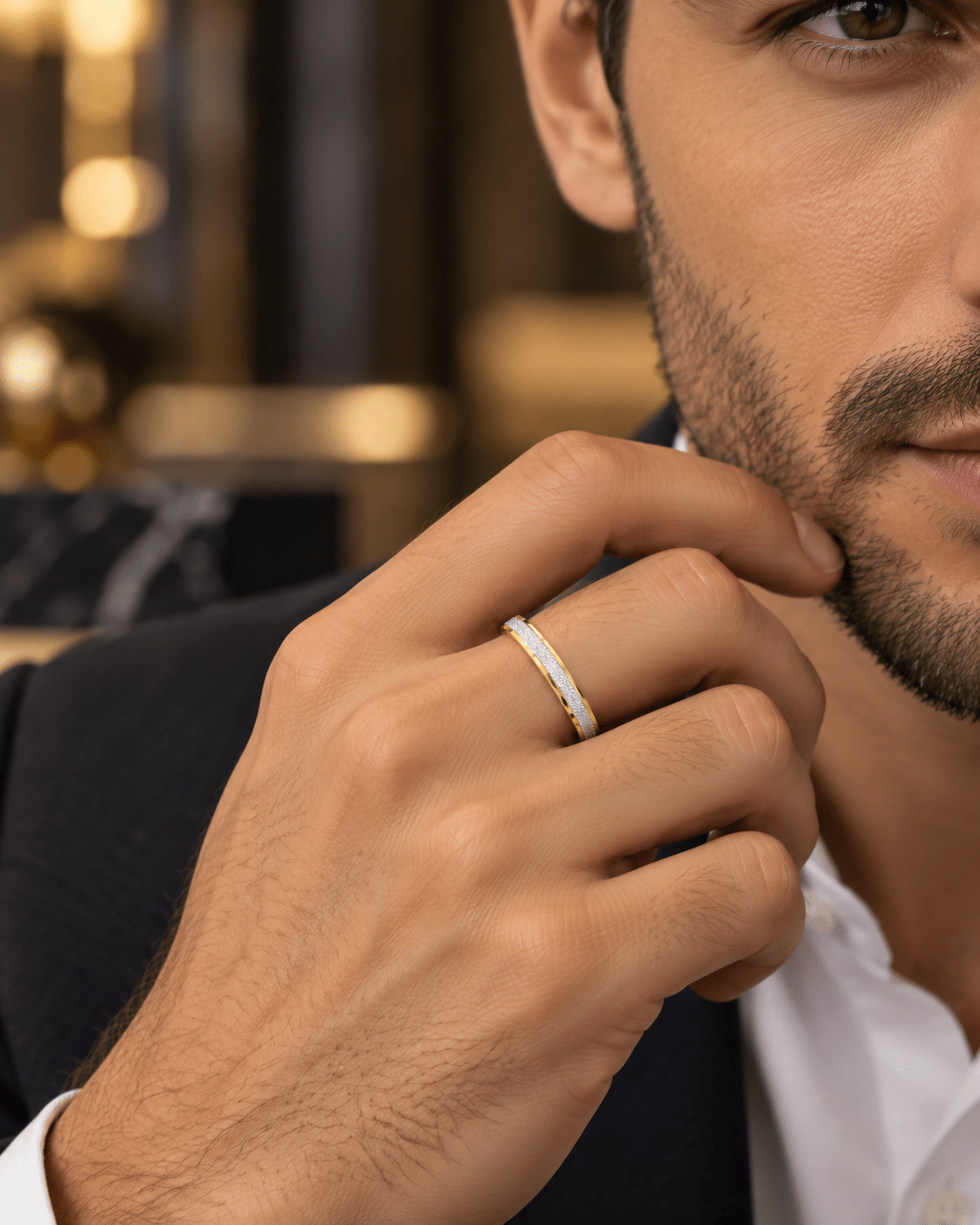 Yellow Gold Band with Sparkling White Center - Kakadia Jewels